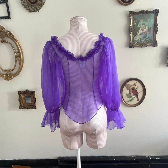 Y2k lace up Vintage Purple Sheer Lace-Up Fairy Blouse with Ruffle Trim - Picture 3 of 5